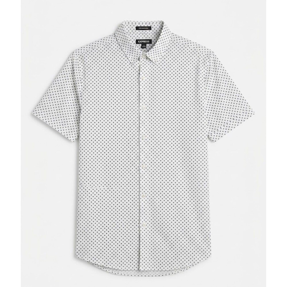 Express Performance Mens Shirt M White/Blue Geometric Slim Stretch Button Up SS